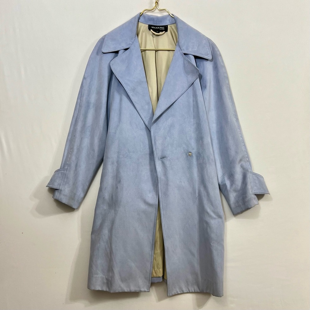 Mycra Pac Baby Blue Suede Long Trench Coat Jacket w/Belt Lightweight Womens 0